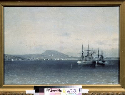 Russisk-tyrkisk (russisk tyrkisk) krig 1877-1878: ""Byen Theodosia (eller Feodosiya) på Krim bombarderet af den tyrkiske flåde i 1878"" (Den tyrkiske flåde bombede byen Feodosiya i 1878) Maleri af Adolf Fessler (1826-1885) 1878 Stat Tretyakov G af Adolf Fessler