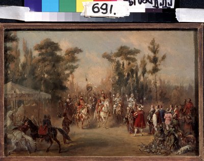 Zarens jagt i 1500-tallet. Værk af Adolf Karl den Store (1826-1901). Olie på pap af Adolf Jossifowitsch Charlemagne