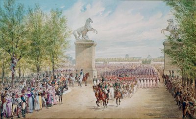 Zar Alexander I (1777-1825) klatrer op ad Champs Elysees med sin hær i Paris i 1814. Maleri af Adolf Charlemagne (1827-1901) af Adolf Jossifowitsch Charlemagne