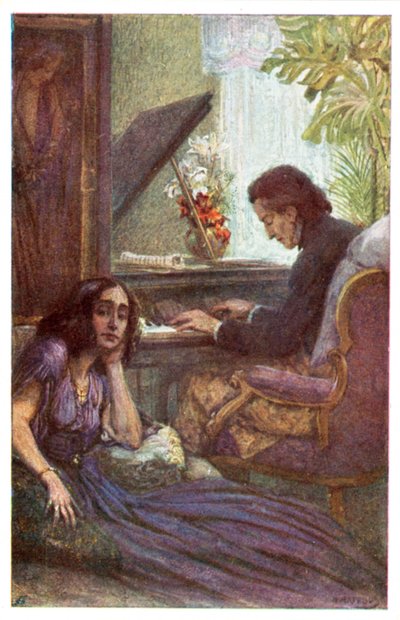 Musiker og komponist, Frederic Chopin, med George Sand af Adolf Karpellus (farve litho) af Adolf Karpellus