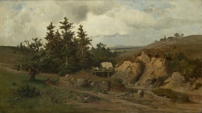 Landskab med en træbro - Landskab med en træbro - Adolf Kosarek (1830-1859). olie på lærred af Adolf Kosárek