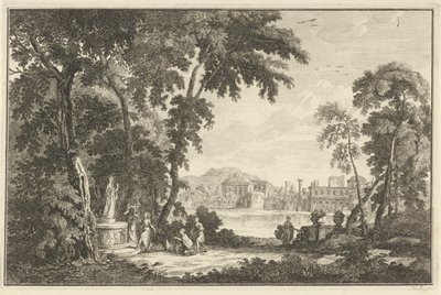 Arkadisk flodlandskab med figurer, der tilbeder en statue Italienske og tyske landskaber (serietitel) af Adolf van der Laan