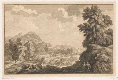Arkadisk flodlandskab med hyrder og en kvinde med en vasketøjskurv Italienske og tyske landskaber (serietitel) af Adolf van der Laan