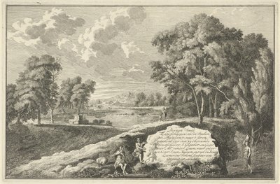 Arkadisk flodlandskab med kvinde og barn Titeltryk for: Tredive stykker af landskaber zoo i Italien som Duytslandt Italienske og tyske landskaber (serietitel) af Adolf van der Laan