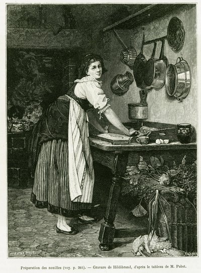Forberedelse af nudler. Gravering af Hildibrand, for at illustrere historien A Through Alsace and Lorraine, i 1887, af Charles Grad, tysk deputeret, i tour du monde 1888, instrueret af Edouard Charton (1807-1890), Hachette, Paris. af Adolf von Hildebrand