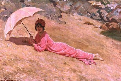 Pige liggende på stranden med en lyserød parasol (olie på lærred) af Adolfo Belimbau