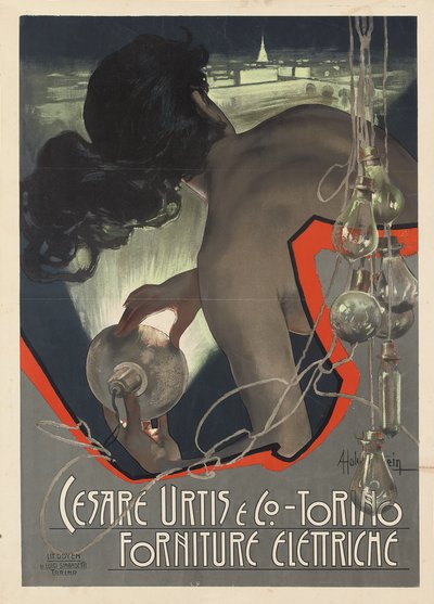 Reklameplakat produceret for det italienske lysforsyningsfirma Cesare Urtis & Co. i Torino, 1889 af Adolfo Hohenstein