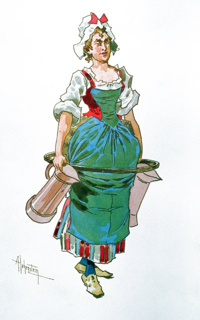 Kostumedesign til en tjenestepige fra Opera Manon Lescaut af Giacomo Puccini (1858-1924) (wc) af Adolfo Hohenstein