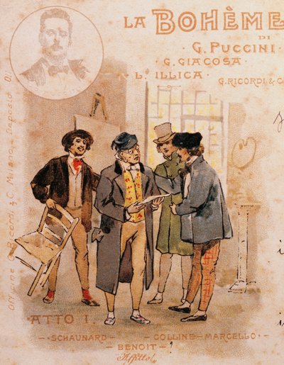 Postkort af Adolf Hohenstein (1854-1928) til første opførelse af La Boheme af Adolfo Hohenstein
