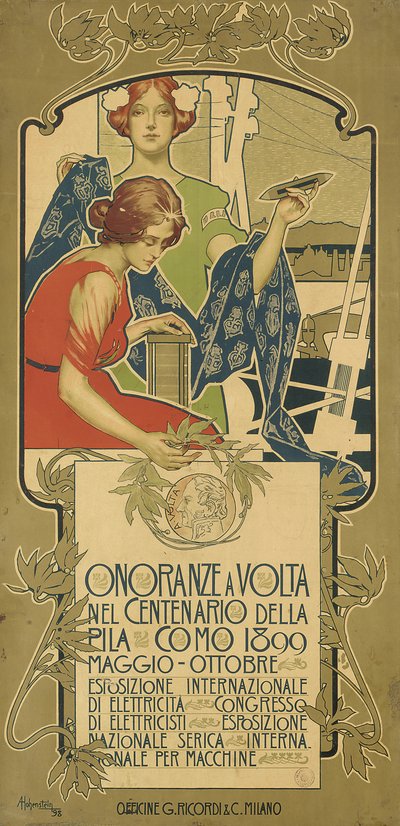 Plakat, der reklamerer for udstillingen af elektriske produkter afholdt til ære for 100-året for Alessandro Voltas fødsel af Adolfo Hohenstein