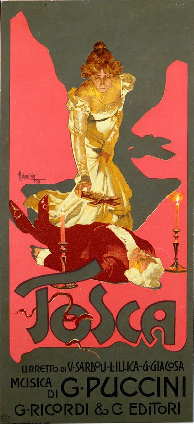 Plakat i Liberty-stil til operaen "La Tosca" af Giacomo Puccini (1858-1924) 1906 Dim. 30x13,5 cm Illustration af Adolfo Hohenstein (1854-1928) Milanos privatsamling af Adolfo Hohenstein