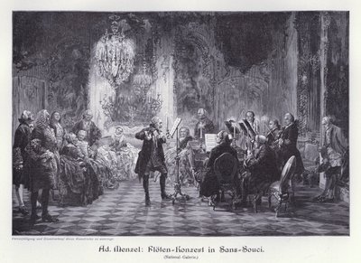 Fløjtekoncert i Sanssouci-paladset, Potsdam, Preussen (gravering) af Adolph Friedrich Erdmann von (after) Menzel