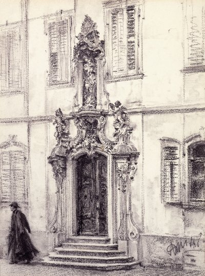 En mand, der går ned af trappen i en bygning dekoreret med en barokportal, 1884 af Adolph Menzel
