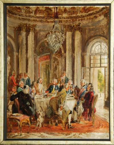 Det runde bord for Frederik II af Preussen (1712-1786) med Voltaire (Francois-Marie (Francois Marie) Arouet de Voltaire (1694-1778) og Christoph Ludwig von Stille (1696-1752) på Sanssouci-paladset - Skitse af Adolph Friedrich Menzel (1815-1905), olie af Adolph Menzel