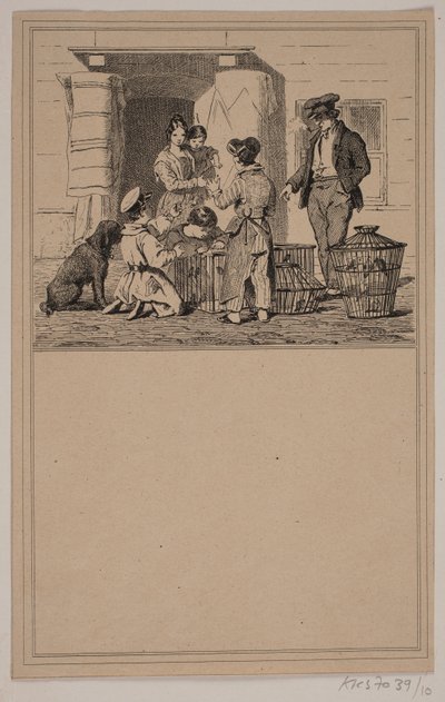 Fugle i fangenskab. Nr. 9 i Chr. Winther og M. Rørbye, "25 Billeder for små børn" af Johan Adolph Kittendorff