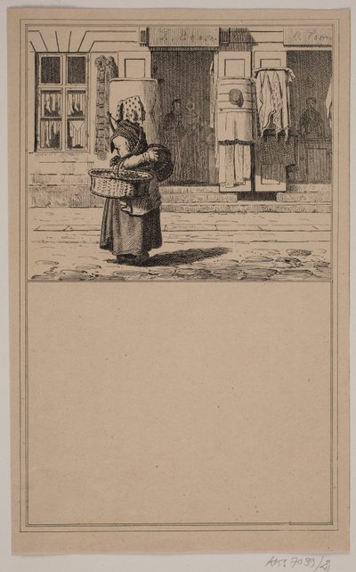 Kone ved kramboden. Nr. 20 i Chr. Winther og M. Rørbye, "25 Billeder for små børn" af Johan Adolph Kittendorff