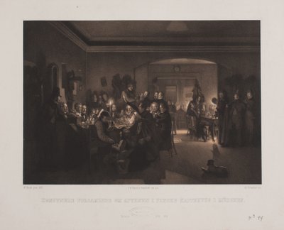 Kunstnere forsamlede om aftenen i Fincks kaffehus i München. af Johan Adolph Kittendorff