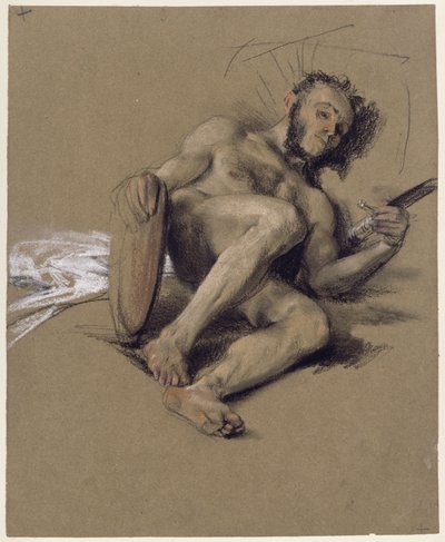 Aktstudie, skægget mand, der hviler på gulvet til venstre med sværd og skjold i hænderne; studie til en hilsen i anledning af kronprinsens myndighedsalder i 1850 af Adolph Menzel