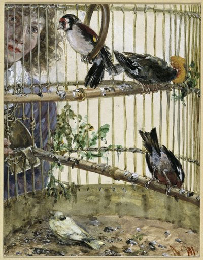 Tornfinker og kanariefuglen i »Bauer«. Fra »Kinderalbum« af Adolph Menzel