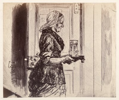 Tjenestepigen træder ind i retssalen med det glas vand, som Adam har bestilt, i Heinrich von Kleists »Den knuste kande« af Adolph Menzel