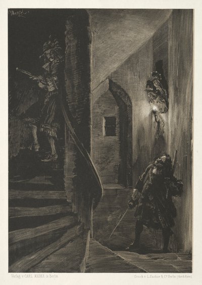Essay om sten med børste og skraber: Chase on the Winding Staircase, 1851. af Adolph Menzel