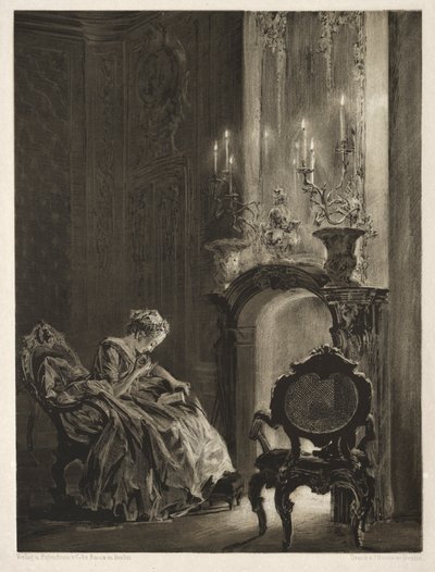 Essay om sten med pensel og skraber: kvinde læser ved pejsen, 1851. af Adolph Menzel