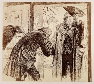 Dommer Walter træder ind ad døren fra højre, idet han venligt løfter på hatten, og bliver underdanigt hilst velkommen af Adam og Licht, til Heinrich von Kleists »Den knuste kande« af Adolph Menzel