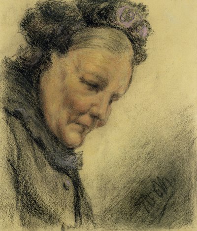 Head of an Old Lady (farveblyant og pastel på papir) af Adolph Menzel
