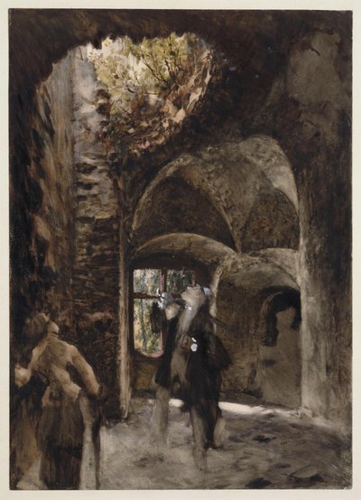 I ruinen står en herre og en dame på et trappeafsats og kigger op mod et stort hul i hvælvingen af Adolph Menzel