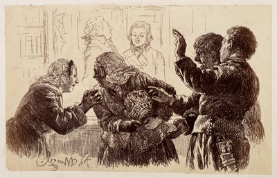 Marthe, med kandefragmenterne i armene, står mellem Veit og Ruprecht, mens Eve beder sin mor om at afstå fra at klage, efter Heinrich von Kleists »Den knuste kande« af Adolph Menzel