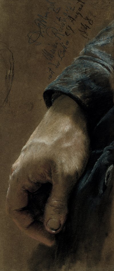 Min højre hånd tegnet med venstre hånd, 1848 (farvet kridt på papir) af Adolph Menzel