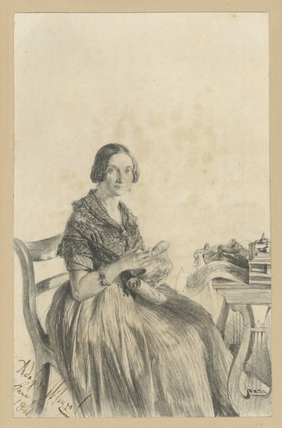 Pauline Martini, født Dambke, siddende ved bordet, med blikket vendt mod betragteren af Adolph Menzel