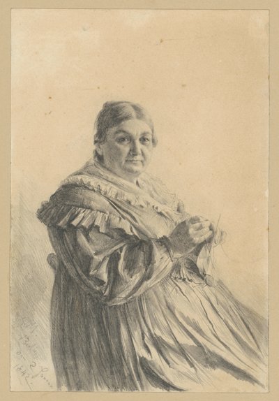 Siddende ældre kvinde med strikket strømpe af Adolph Menzel