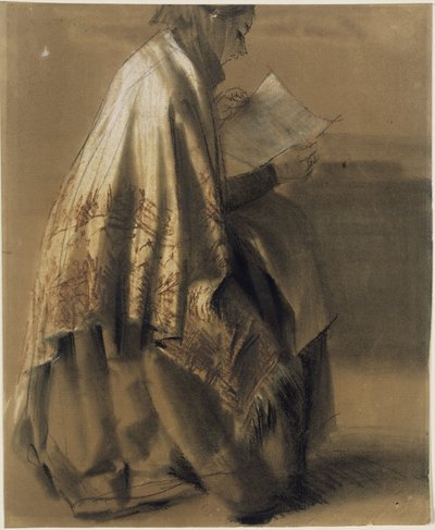 En siddende, læsende kvinde i et bredt sjal af Adolph Menzel