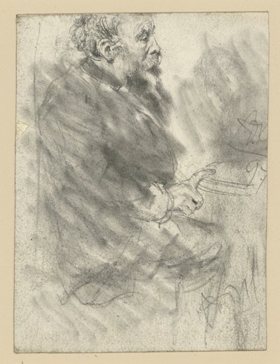En siddende, skægget mand, vendt mod højre, med pegefingeren på højre hånd strakt ud og hvilende på bordpladen af Adolph Menzel