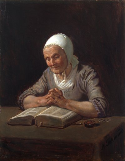 Gammel kvinde læser (olie på panel) af Adolph Tidemand