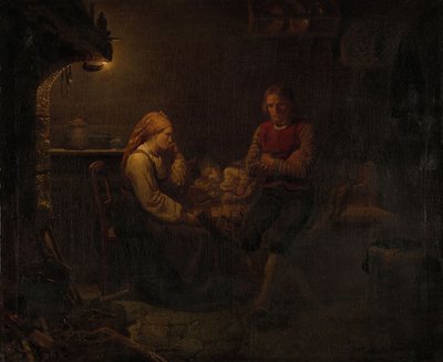 Forældre ved deres syge barns seng af Adolph Tidemand
