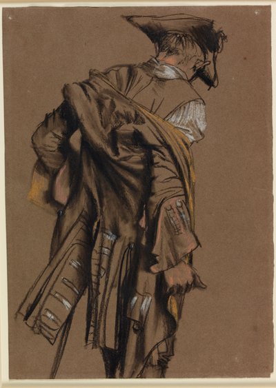 Kunstners model, set bagfra, iført en uniform fra det attende århundrede af Adolph Menzel