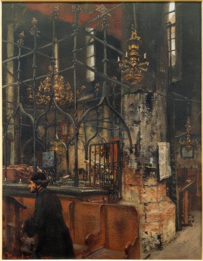 Det indre af den gamle-nye synagoge i Prag af Adolph Menzel