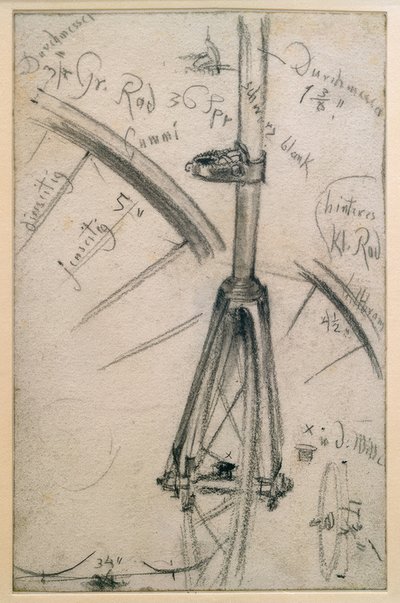 Studier af penny farthing, tekniske detaljer af Adolph Menzel