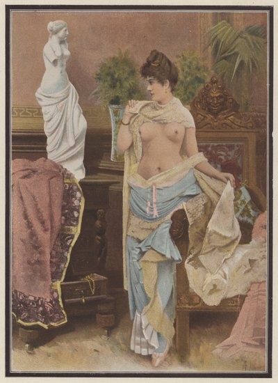Kvinde sammenligner sig selv med en statue af Venus de Milo (farve litho) af Adolphe Frederic Lejeune