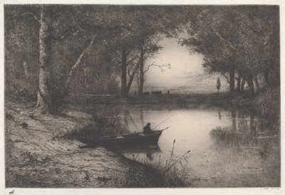 En fisker i en skovklædt dam om aftenen af Adolphe Appian