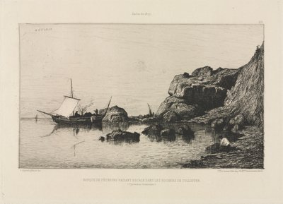 Fiskerbåd, der laver anløbshavn ved Collioures klipper af Adolphe Appian