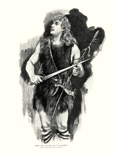 Den tyske tenor Max Alvary som Siegfried i Richard Wagners opera Die Walkure i Royal Opera House, Covent Garden, London (litho) af Adolphe Birkenruth