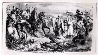 St. Loup forsvarer byen Troyes mod Hunneren Attila (ca. 406-453) på sin hest, illustration fra Frankrigs historie, 2. halvdel af 1800-tallet (bw foto) af Adolphe Francois Pannemaker