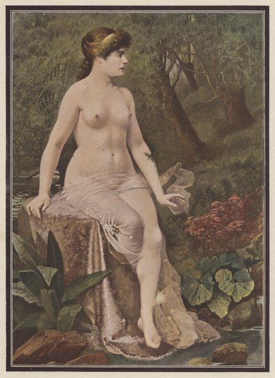Kvinde sidder på landet (farve litho) af Adolphe Frederic Lejeune