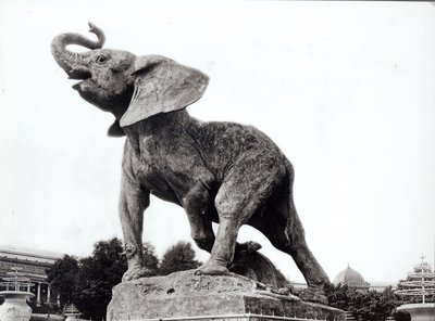 Ung elefant fanget i en fælde (1878) af Emmanuel Fremiet (1824-1910) foran Trocadero-paladset, bygget til den universelle udstilling (1878), Paris, 1888 af Adolphe Giraudon