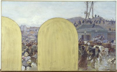 Skitse til kabinettet for præfekten af Hôtel de Ville de Paris: Forstadsbeboernes tilbagevenden til Paris: Belejringen af Paris i 1870, i 1895 (olie på lærred) af Adolphe Gustave Binet