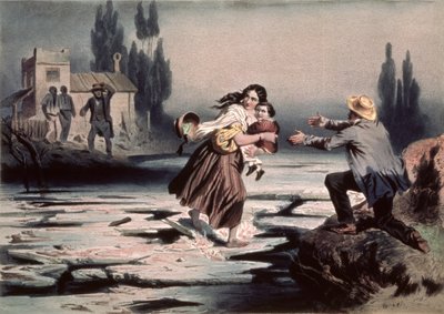 Eliza krydser Ohio-flodens isflager til frihed, illustration fra 