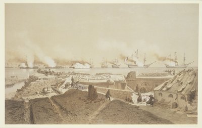 Bombardement af Kil-Bouroun ved mundingen af floden Dnepr af den franske flåde, fra Nos Souvenirs de Kil-Bouroun vedhæng LHiver passe dans Le Liman du Dnieper, 1855-56, indgraveret af Eugene Ciceri (1 af Adolphe Jean Baptiste Bayot and Antoine Leon Morel-Fatio